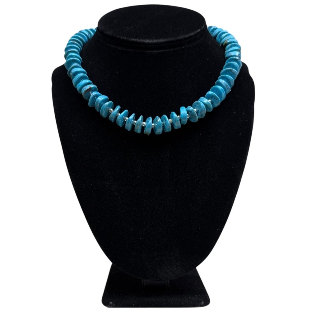 Turquoise Silver Acrylic Beaded Choker Necklace Southwest Boho Jewelry 7.5 in L